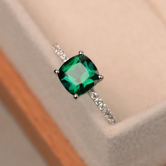 Sterling Silver Emerald Diamond Cushion Cut Ring - Picture 2 of 3